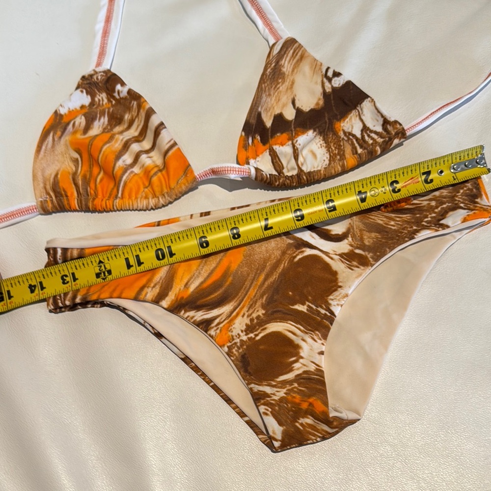 Women small Orange and Brown Swirl Bikini triangle top bottom Set thick straps
